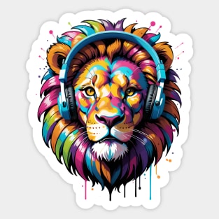 Vibrant Lion Groove: Colorful Majesty with Headphones Sticker